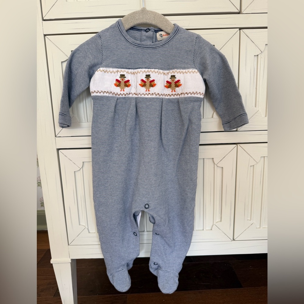 Baby Luigi striped footie with hand smocking and turkey design size 9 months